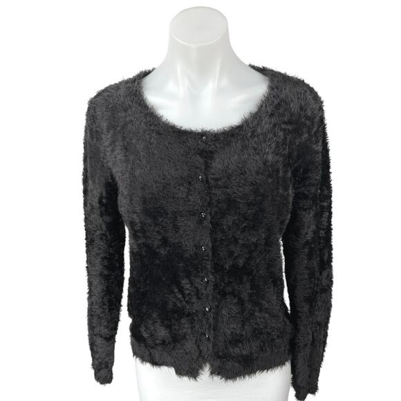 Mark & Spencer Black Fleece Faux Fur Button Down Cardigan Sweater Top Size M/L - Picture 1 of 6